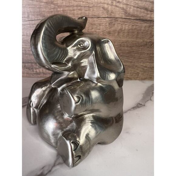 Vtg Elephant Bookend Doorstop Paperweight MCM Silver Gold Trunk Up Elephant - Picture 9 of 16